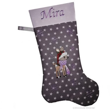 Nikolausstiefel Rentier Stofffarbe grau Name lila